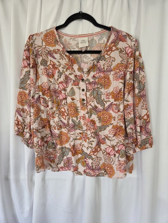 Knox Rose Tops - Knox Rose Pink/Blue/ Orange Floral Henley Blouse Relax Fit Top Size L